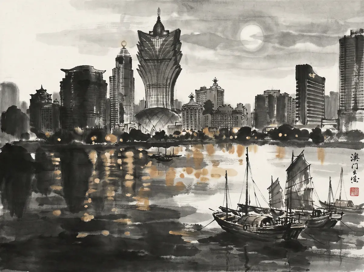 新葡京澳门夜景水墨画展示新葡京与城市天际线